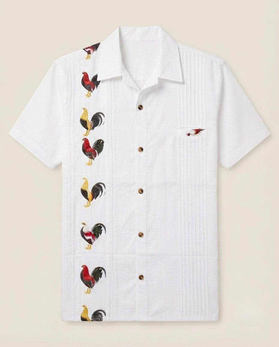 Guayabera blanca con bordado de gallos multicolor hecha a mano en Oaxaca