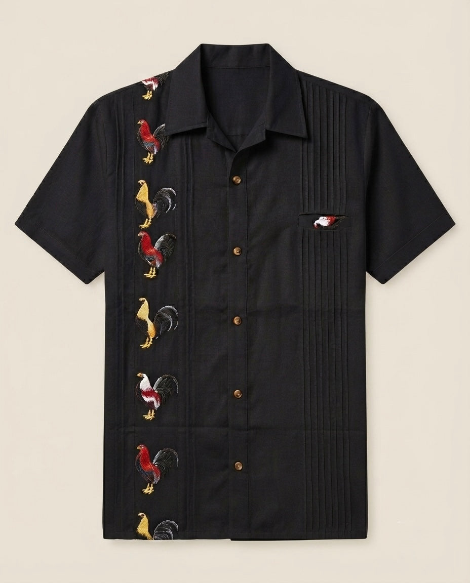 Guayabera negra con bordado de gallos multicolor hecha a mano en Oaxaca